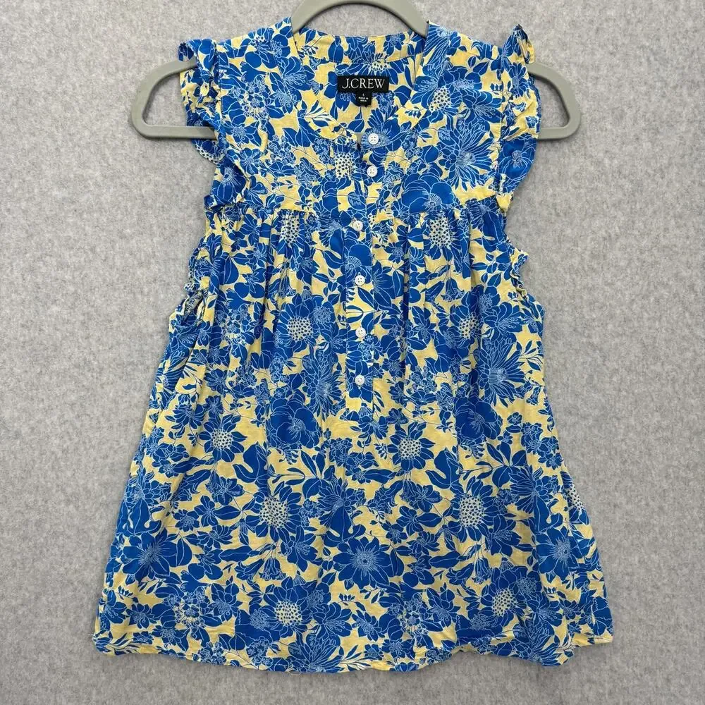 J. Crew Ruffle Trim Floral Sleeveless Top Sz S Blue Yellow Cottagecore Coquette